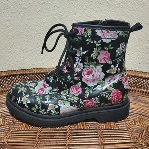 Combat Style Faux Leather Flower Print Boots   9.5